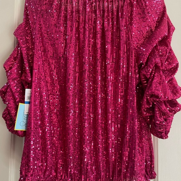 CeCe Women’s XL Pink Sequin Ruched Sleeve Artsy Glam Fairy Party Y2K Top - Picture 8 of 13